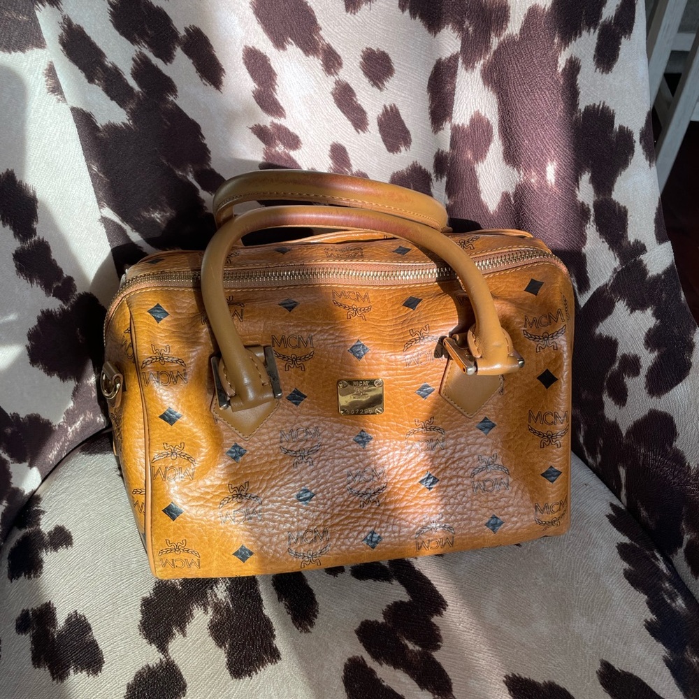MCM Cognac Leather Satchel with Black Accents